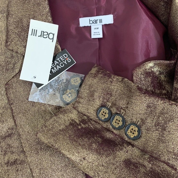 Bar III Blazer Women’s Size 14W Gold Burgundy Red Burnished Metallic Jacket - Picture 7 of 10